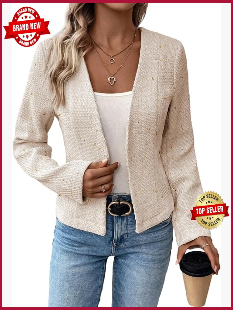 Women's Tweed Blazer Jacket - Collarless Open Front Fully Lined Slim Fit Work